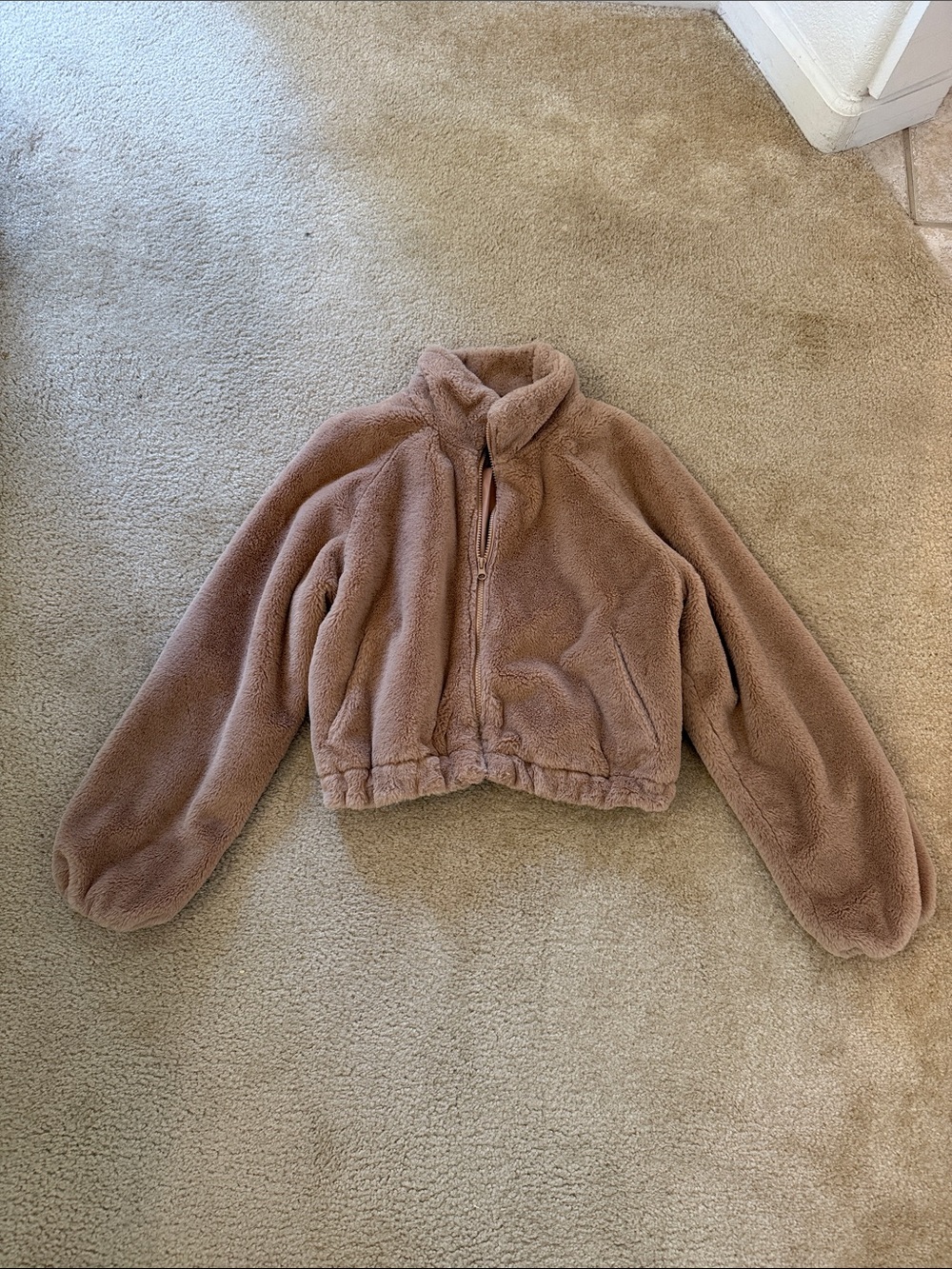 Love Tree Plush Cropped Bomber Jacket in Taupe - Picture 1 of 3